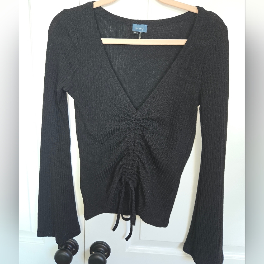 Black long sleeve shirt with front adjustable tie